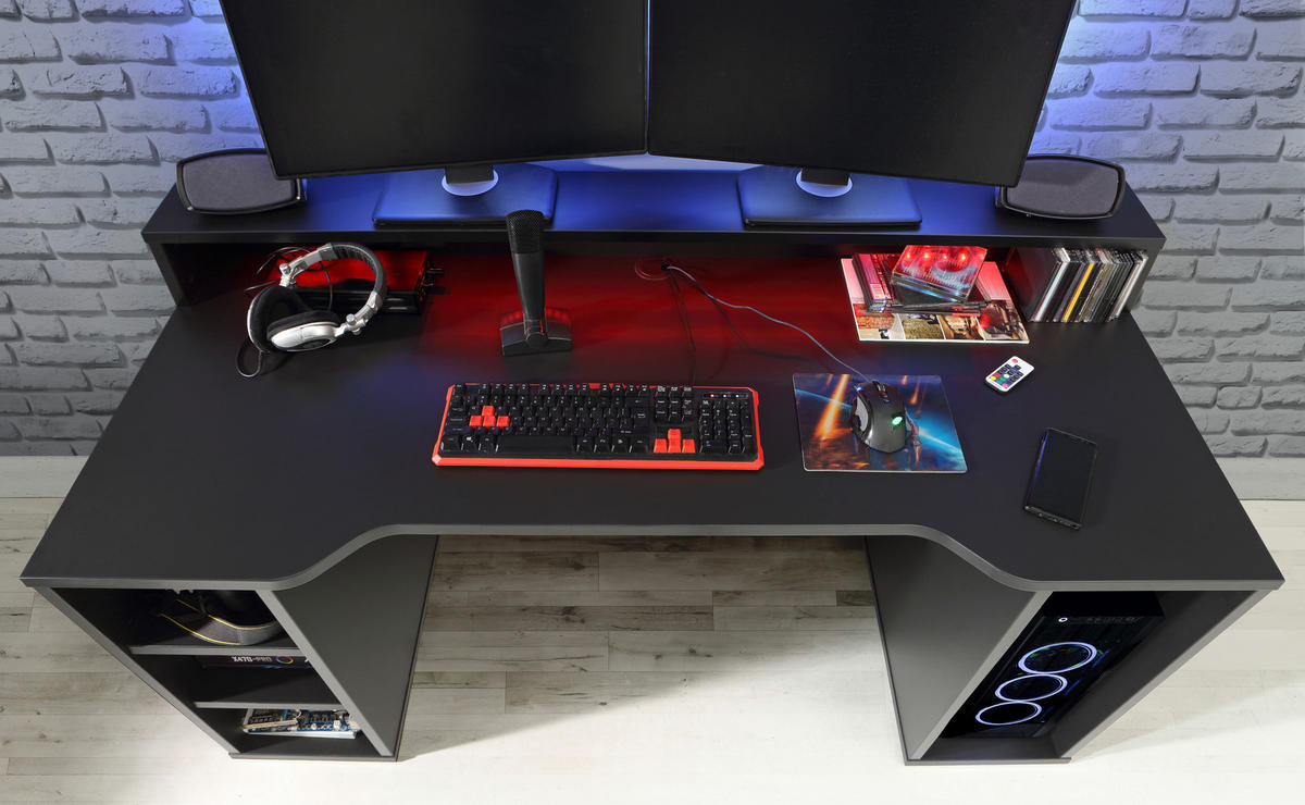 GAMING TISCH Tezaur in Schwarz, Schreibtisch inklusive Beleuchtung 160 cm breit - Schwarz, Holzwerkstoff (91/160/72cm)