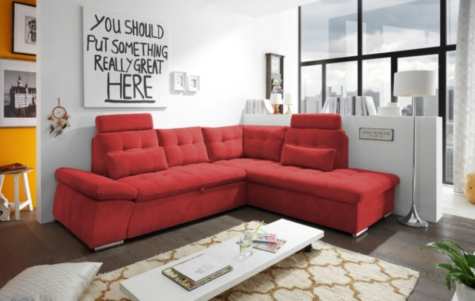 ECKSOFA mit Schlaffunktion, Bettkasten und verstellbarer Armlehne - Chromfarben/Rot, Textil (219/260cm) - ed exciting design