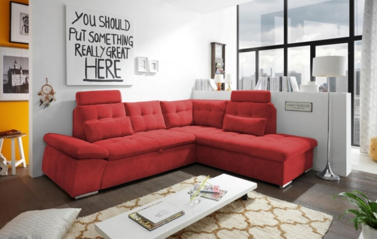 ECKSOFA mit Schlaffunktion, Bettkasten und verstellbarer Armlehne - Chromfarben/Rot, Textil (219/260cm) - ed exciting design