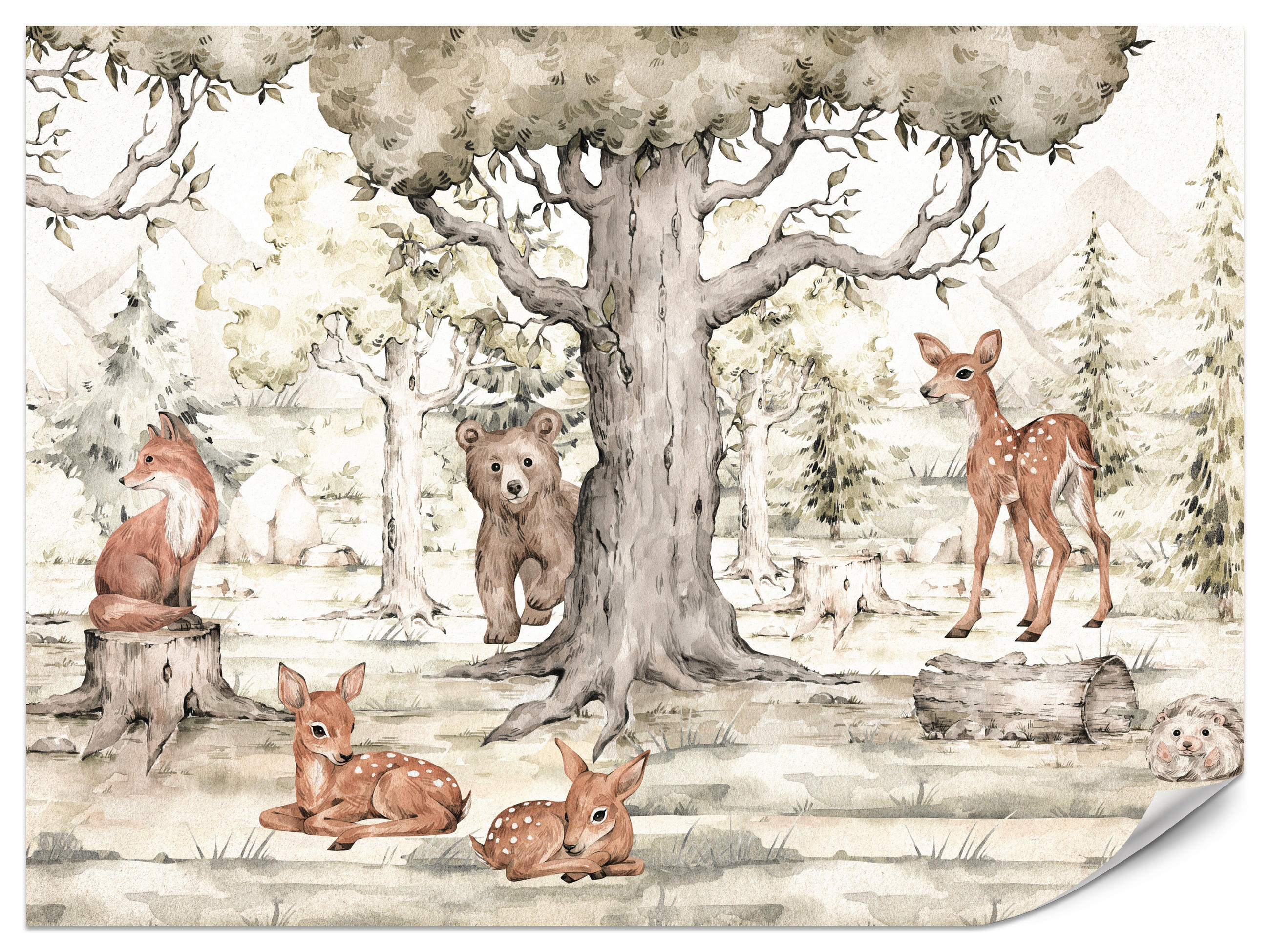 FOTOTAPETE für Kinderzimmer Waldtiere Aquarell Bär Fuchs Reh Bäume 300x210 - Beige/Orange, Papier (300/210cm) - Muralo