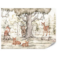 FOTOTAPETE für Kinderzimmer Waldtiere Aquarell Bär Fuchs Reh Bäume 300x210 - Beige/Orange, Papier (300/210cm) - Muralo