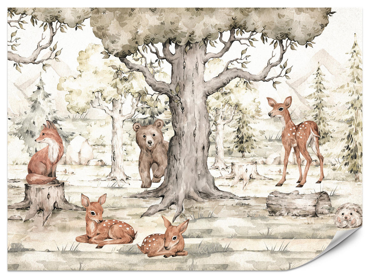 FOTOTAPETE für Kinderzimmer Waldtiere Aquarell Bär Fuchs Reh Bäume 300x210 - Beige/Orange, Papier (300/210cm) - Muralo