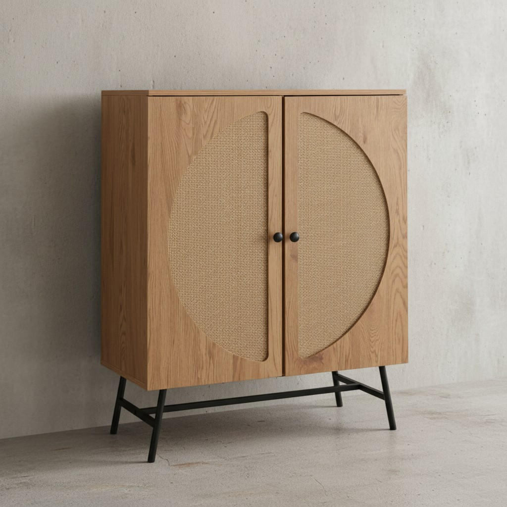 SIDEBOARD – Eiche-Dekor/Rattan, 80x103x39 cm, 2 Türen, hoch - Schwarz/Braun, Holzwerkstoff/Metall (80/103/39cm) - KADIMA DESIGN