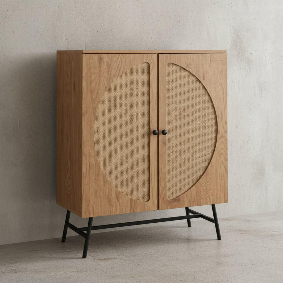 SIDEBOARD – Eiche-Dekor/Rattan, 80x103x39 cm, 2 Türen, hoch - Schwarz/Braun, Holzwerkstoff/Metall (80/103/39cm) - KADIMA DESIGN