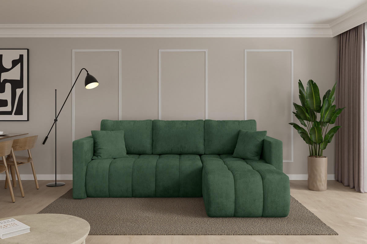 ROHOVÁ SEDAČKA s funkcí spaní, otoman vpravo GARD-L 226x146x85 zelená manšestr - černá/tmavě zelená, kompozitní dřevo/textil (226/146cm) - ALTDECOR