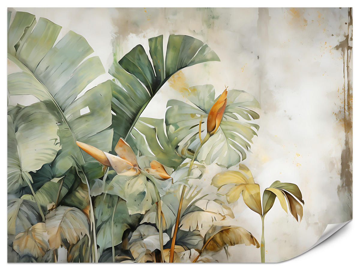 FOTOTAPETE für Wohnzimmer Exotische Blätter Abstrakt Pastell 300x210 - Gelb/Beige, Papier (300/210cm) - Muralo