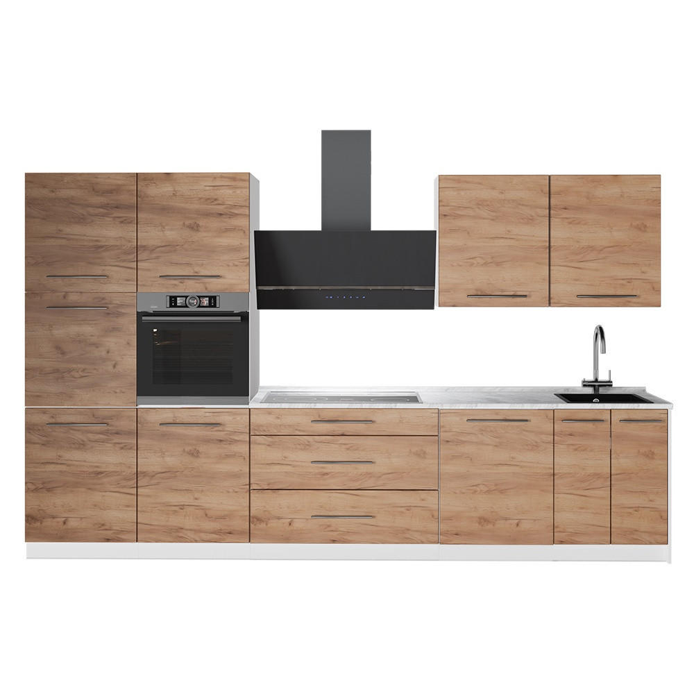 KÜCHENZEILE Fame-Line, Goldkraft Eiche, 340 cm, AP Marmor - Honigeiche/Weiß, Holzwerkstoff (340/206.8/60cm) - Vicco