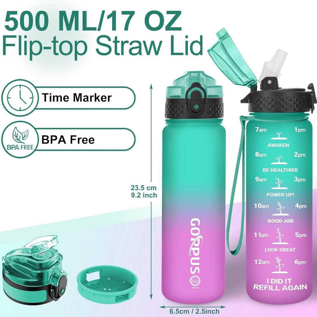 TRINKFLASCHE 500 ml BPA-frei mit Strohhalm und Trageriemen Grün Lila - Multicolor, Kunststoff (6.5/23.5cm)