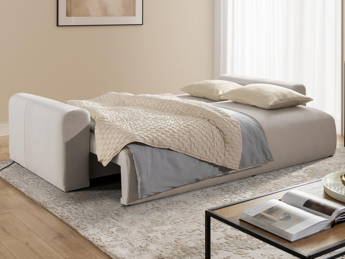 SCHLAFSOFA Calma mit Bettkasten im Bumpy-Design aus weichem Beige Webstoff - Beige/Schwarz, Holz/Kunststoff (239/88/98cm) - S-Style