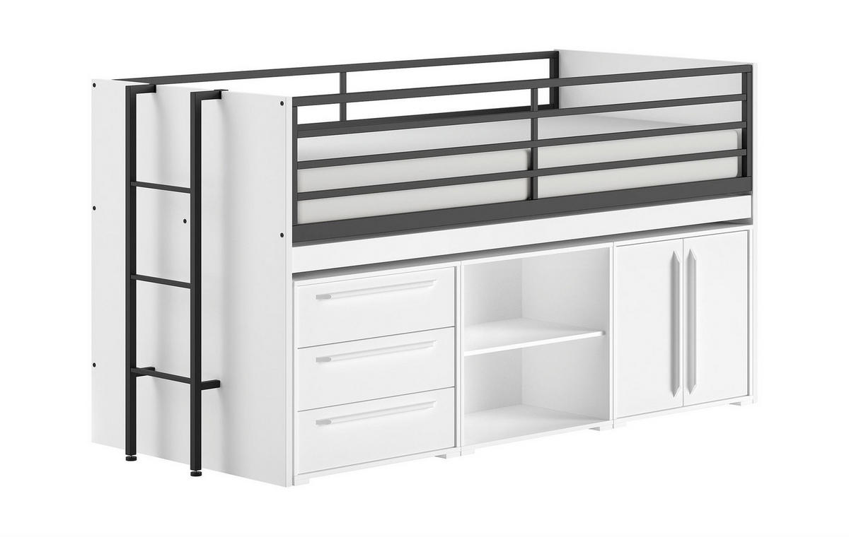 HALBHOCHBETT 90x200 Keelia Weiß mit Schreibtisch Stauraum Set - Weiß, Kunststoff - 58aufmkessel