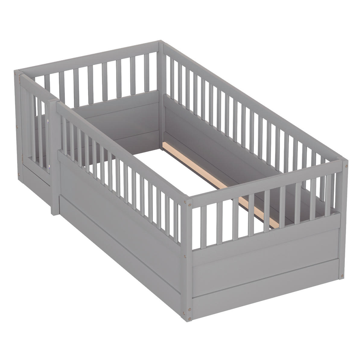 KINDEREINZELBETTEN aus Massivholz 90x200 cm in Grau mit Zaun & Tür - Grau, Holz (90/200cm) - Modfu
