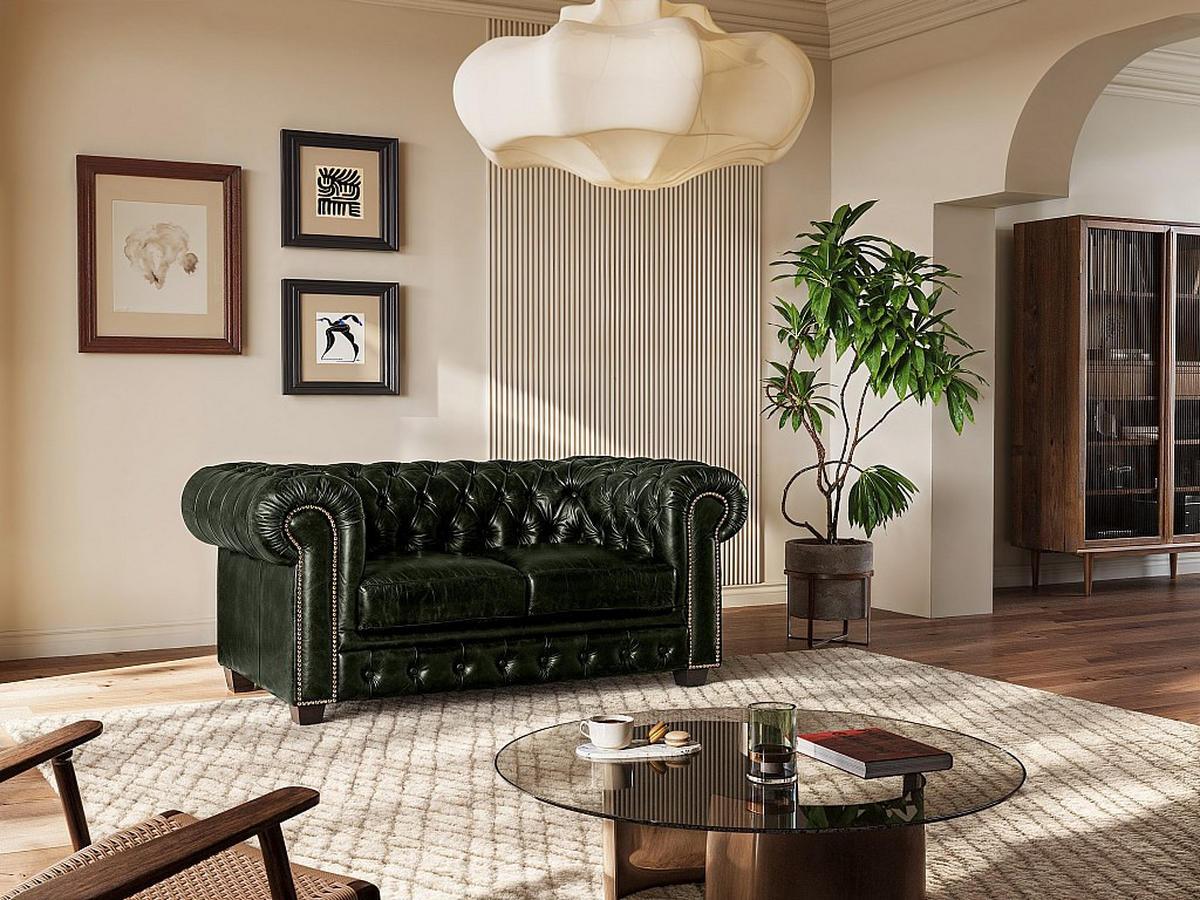 CHESTERFIELD Ledersofa 2-Sitzer - Büffelleder - Schwarzgrün - BRENTON - Grün, Leder (96/73/160cm) - Vente-Unique