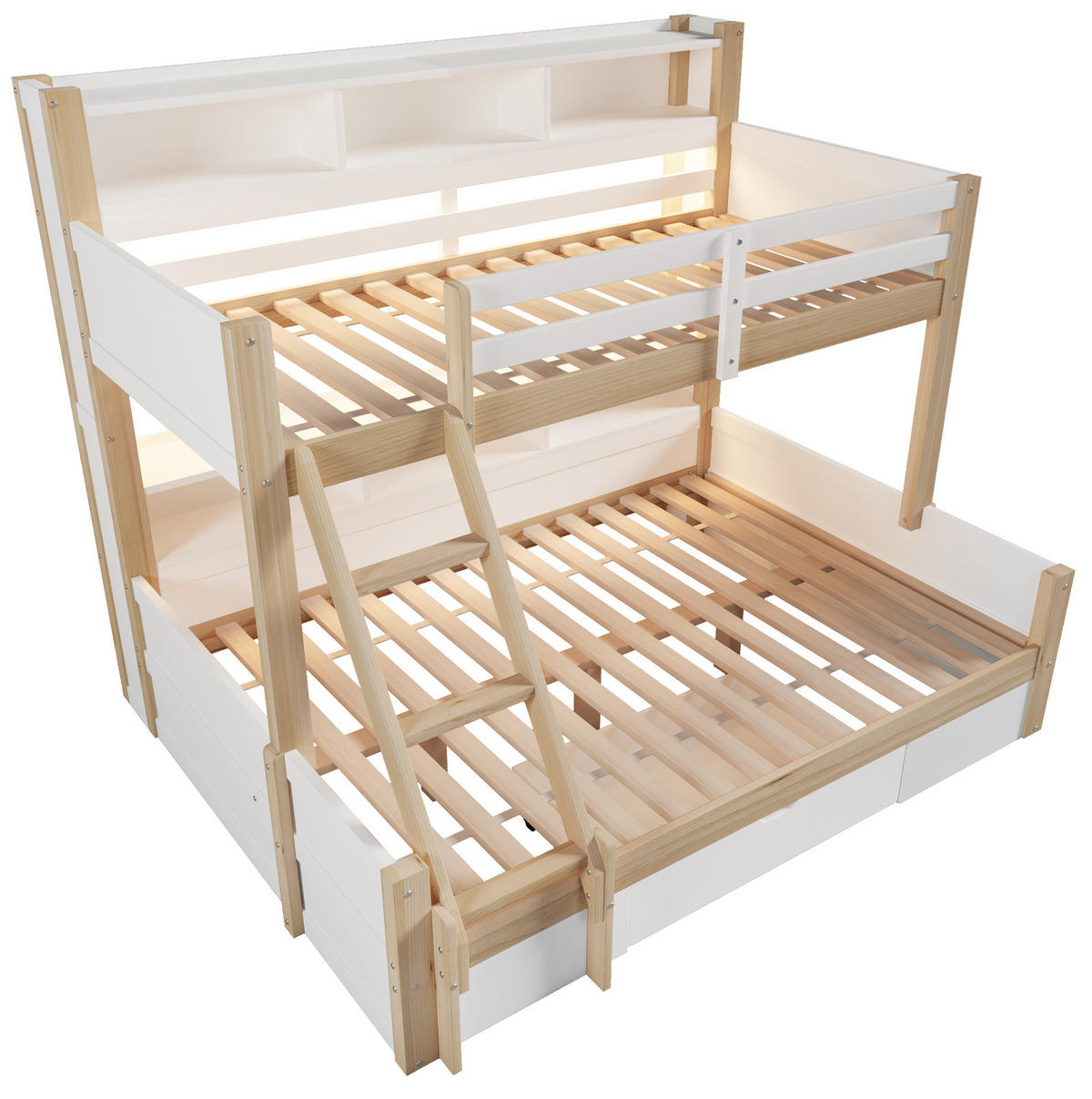 ETAGENBETT aus Kiefer 90x200/140x200 cm Weiß/Natur mit LED-Lichtleiste, offener Stauraumlösung, Schublade und variabler Leiter - Weiß, Holzwerkstoff (90/200cm) - Modfu