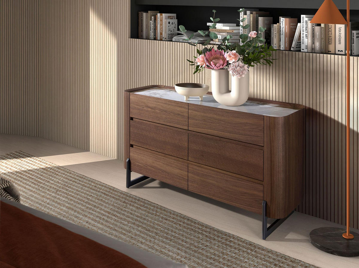 KOMMODE Kommode aus Nussbaum und dunklem Metallstahl mit Porzellanmarmorplatte 145/45/78 cm - Walnussfarben/Weiß, Holz (145/78/45cm) - ANGEL CERDA