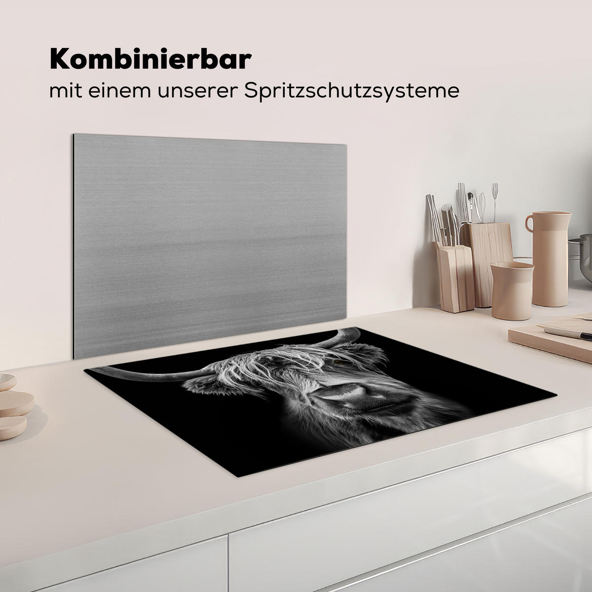 HERDABDECKPLATTE Schottischer Highlander - Hörner - Schwarz - Weiß - Kuh - Wild - Tiere Induktionsmatte 71x52 cm - Schwarz, Kunststoff (71/52/0.2cm) - MuchoWow