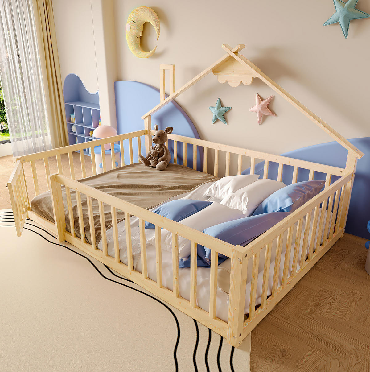 KINDERBETT Hausbett 140/190 cm aus Kiefernholz in Natur mit Sicherheitsgeländer - Naturfarben, Holz (140/190cm) - BEAOK
