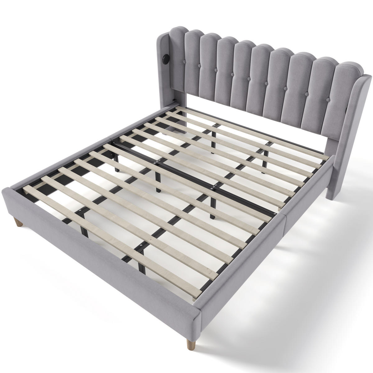 POLSTERBETT 180/200 cm in Grau Leinen mit USB Typ C Ladefunktion - Grau, Holz/Textil (180/200cm) - KOMHTOM