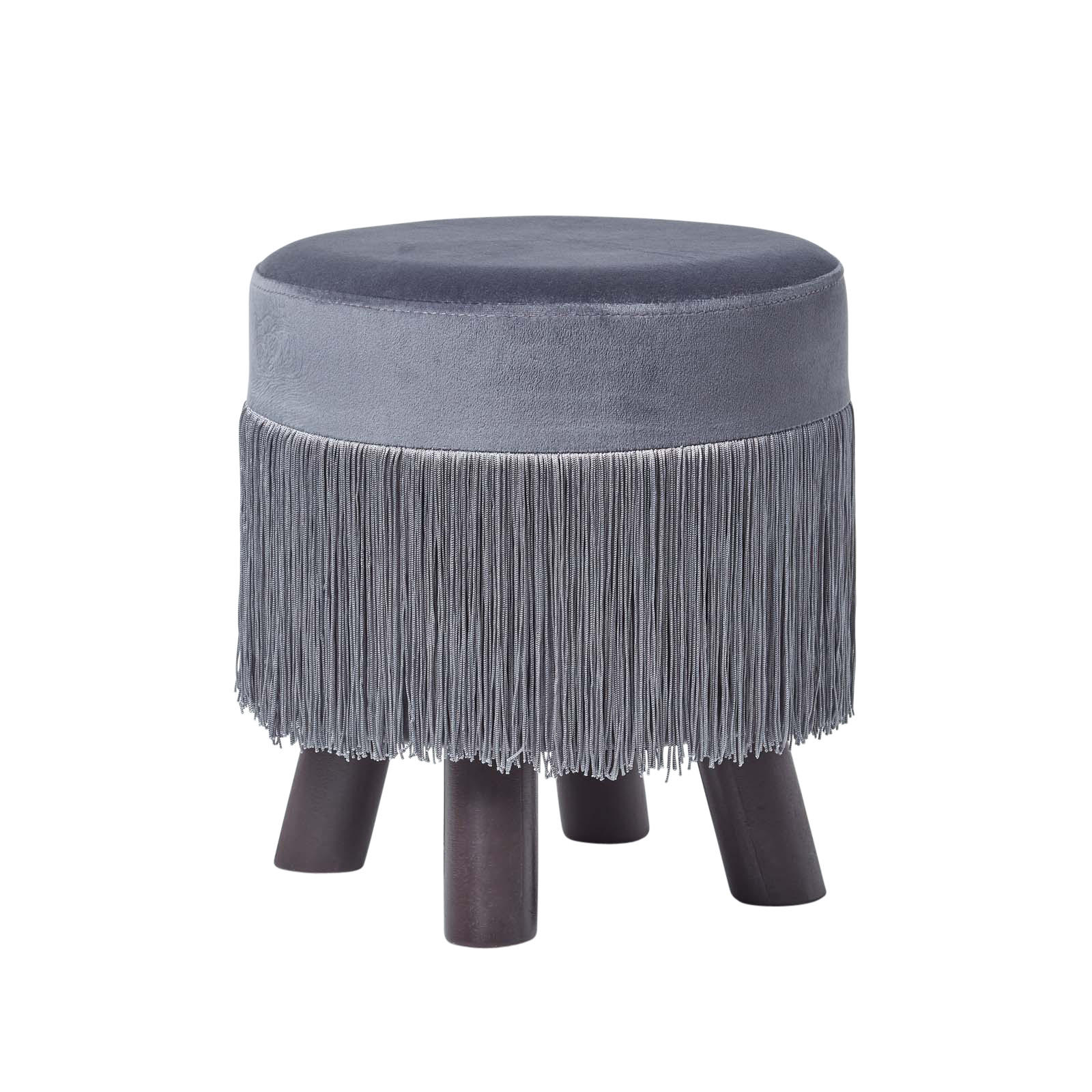 SAMT-HOCKER Warwick grau, Dreibein mit Fransen 32/32/35 cm - Grau, Textil (32/35/32cm) - Homescapes