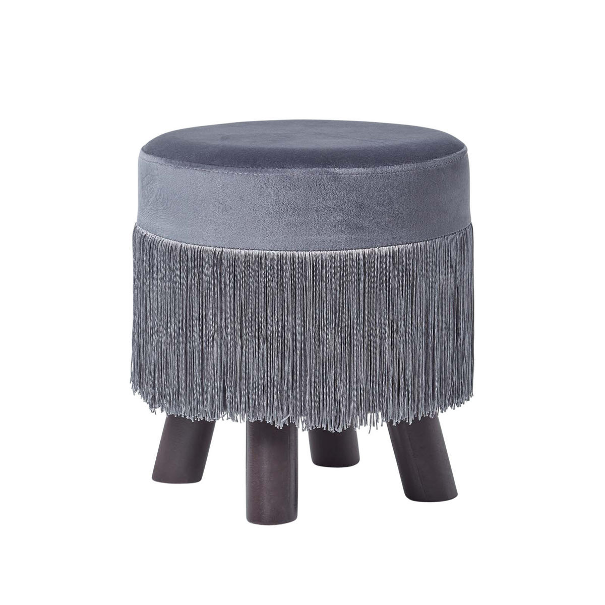 SAMT-HOCKER Warwick grau, Dreibein mit Fransen 32/32/35 cm - Grau, Textil (32/35/32cm) - Homescapes