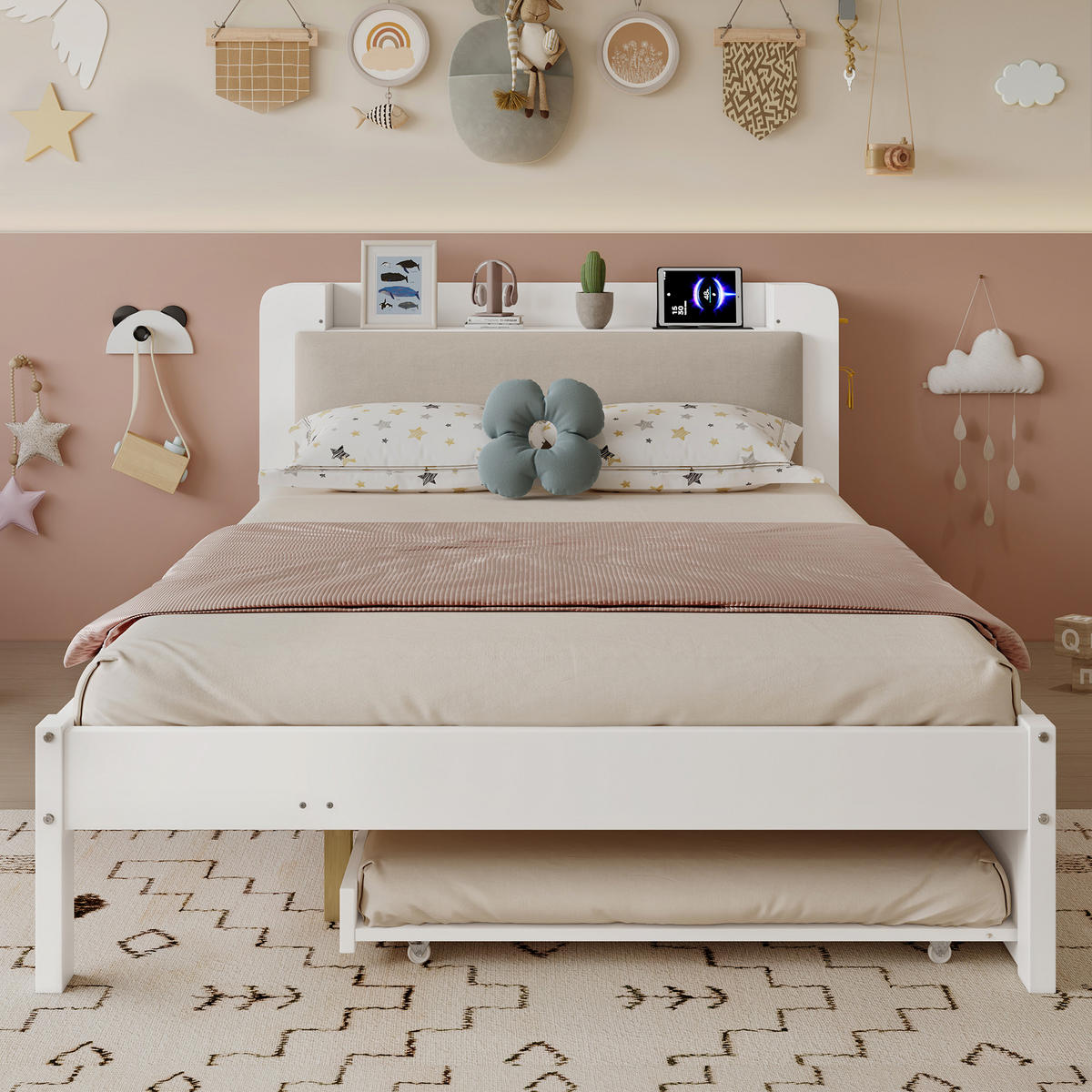 BETT 120/200 cm in Weiß mit Ausziehbett, gepolstertem Kopfteil, Kopfteilregal und Ladestation - Beige/Weiß, Holzwerkstoff (120/200cm) - STILVORA