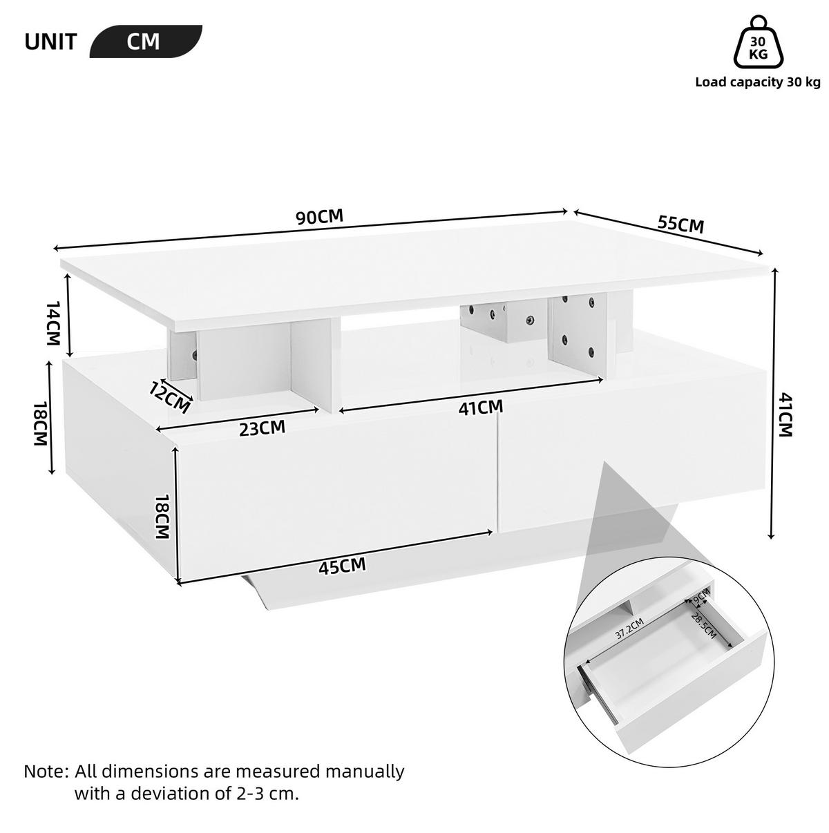 COUCHTISCH 90/55/41 cm weiß aus Spanplatte mit LED-Beleuchtung und 2 Schubladen - Weiß, Holzwerkstoff (90/55/41cm) - OKMYHOME