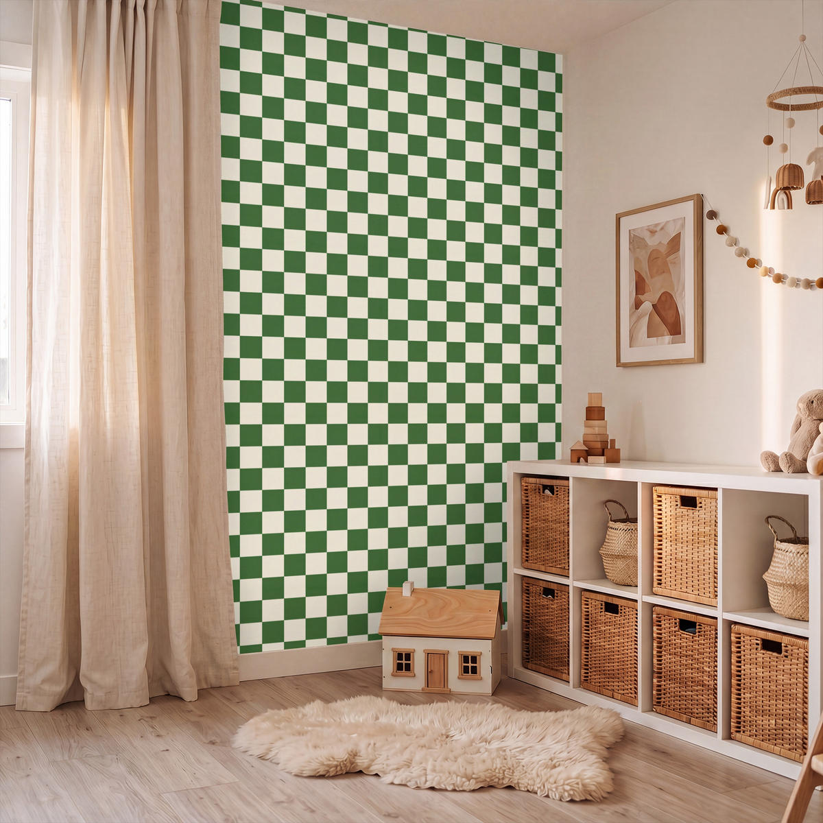 KINDERTAPETE - Schachbrett - Muster - Grün - 140x200 cm - Grün, Papier (140/200cm) - OnlyWow