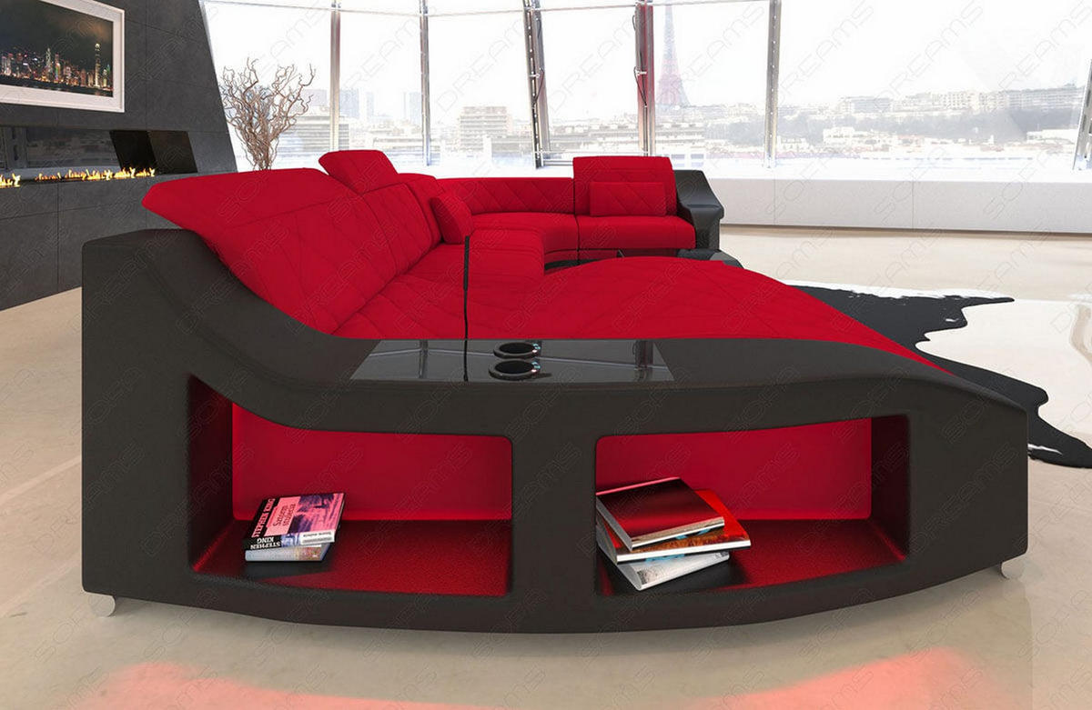 WOHNLANDSCHAFT Stoff Sofa Swing U Form Rot Schwarz Mikrofaserstoff - Rot, Kunststoff (404/90/220cm)