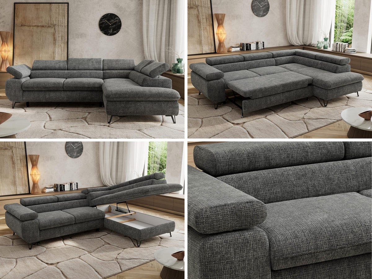 ECKSOFA PABLO L Grau Schenille grob gewebt - Rechts Seite mit T25 Topper - Schwarz/Grau, Textil/Metall (273/208cm) - MKS