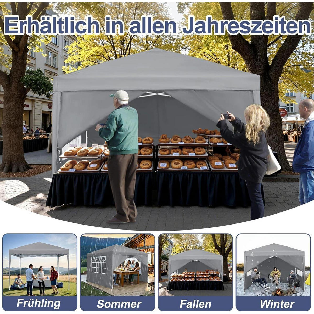 GARTENPAVILLON 300 x 300 cm Grau mit 4 Seitenteilen und Fenstern - Grau, Textil (300/260/300cm)