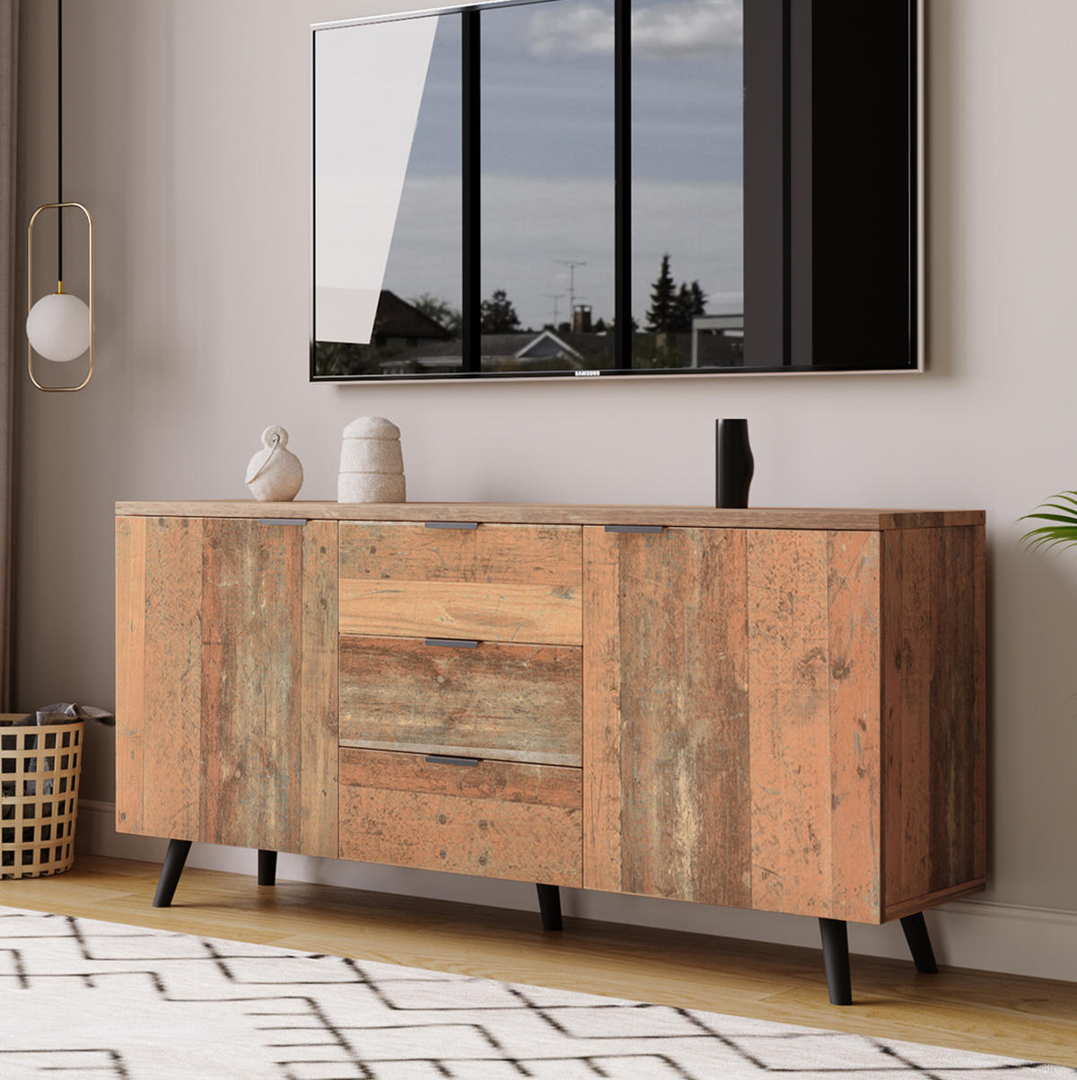 TV komoda z dřevotřísky 140x35x70 cm antická hnědá se 3 zásuvkami a nastavitelnými policemi - hnědá, kompozitní dřevo (140/70/35cm) - Modfu