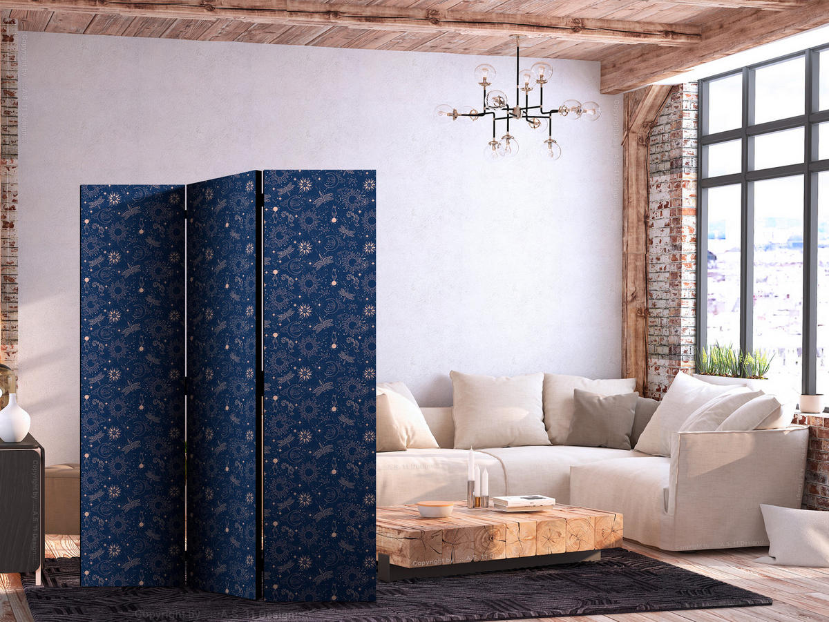 PARAVENT Beidseitig Bedruckter 3-tlg 135x172 cm Sonne Sterne Weltraum Boho - Blau, Holz/Textil (135/172/3cm) - Muralo