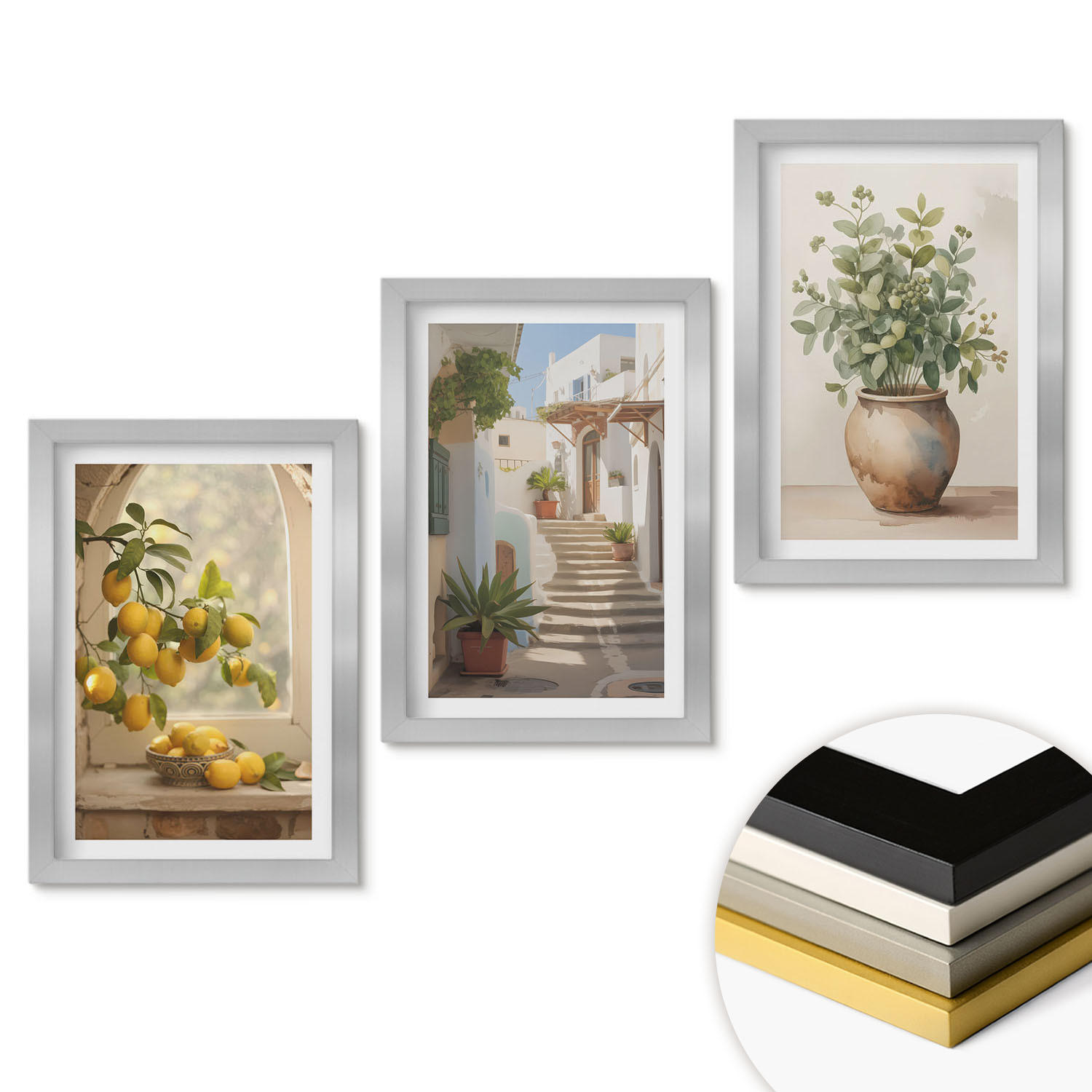 WANDBILDER 3er Set - 20x30 cm Silberner Rahmen - Zitronen in einer Pflanzenvase - Silberfarben, Kunststoff (20/30cm) - ArtPrintCave