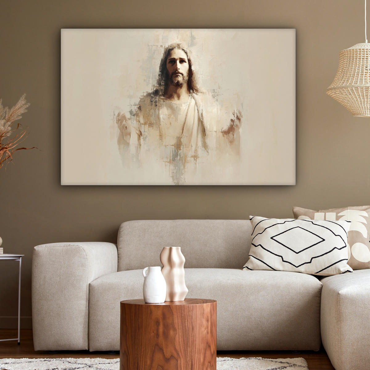 LEINWANDBILD Porträt - Abstrakt - Jesus - Beige Groß 140x90 cm - Beige, Textil (140/90cm) - MuchoWow