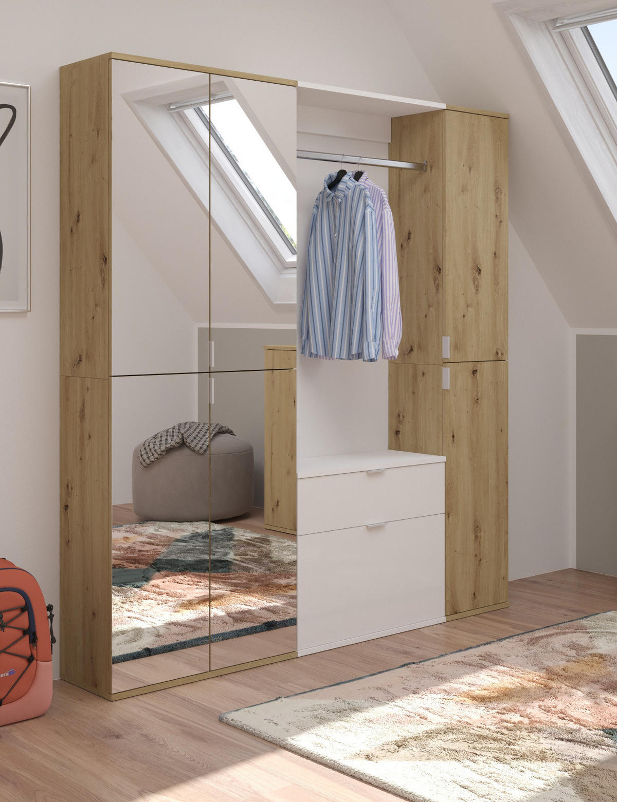 GARDEROBEN-SET Eiche, weiß Hochglanz 152 cm, Komplettset mit viel Stauraum - Chromfarben/Weiß Hochglanz, Glas/Holzwerkstoff (152/193/34cm) - Inn.Furn