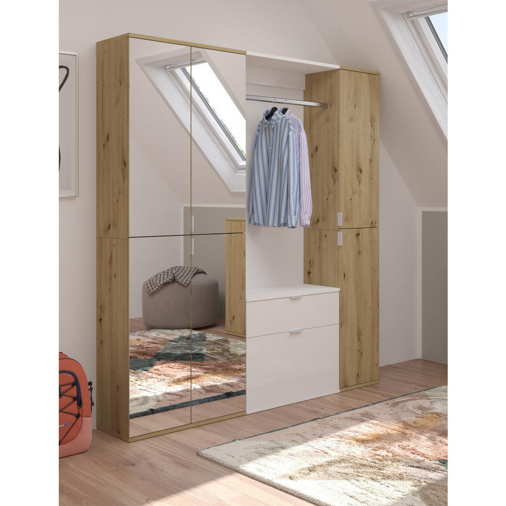 Thumbnail - Inn.Furn Garderoben-Set, Weiß Hochglanz, Eiche Artisan, Metall, Nachbildung, Uni, Holz Optik, 11 Fächer, 1 Schubladen, R...