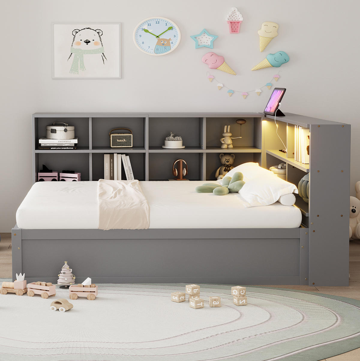 BETT mit hydraulischem Bett und LED-Beleuchtung Grau 90/200 cm - Grau, Holz (90/200cm) - OKWISH