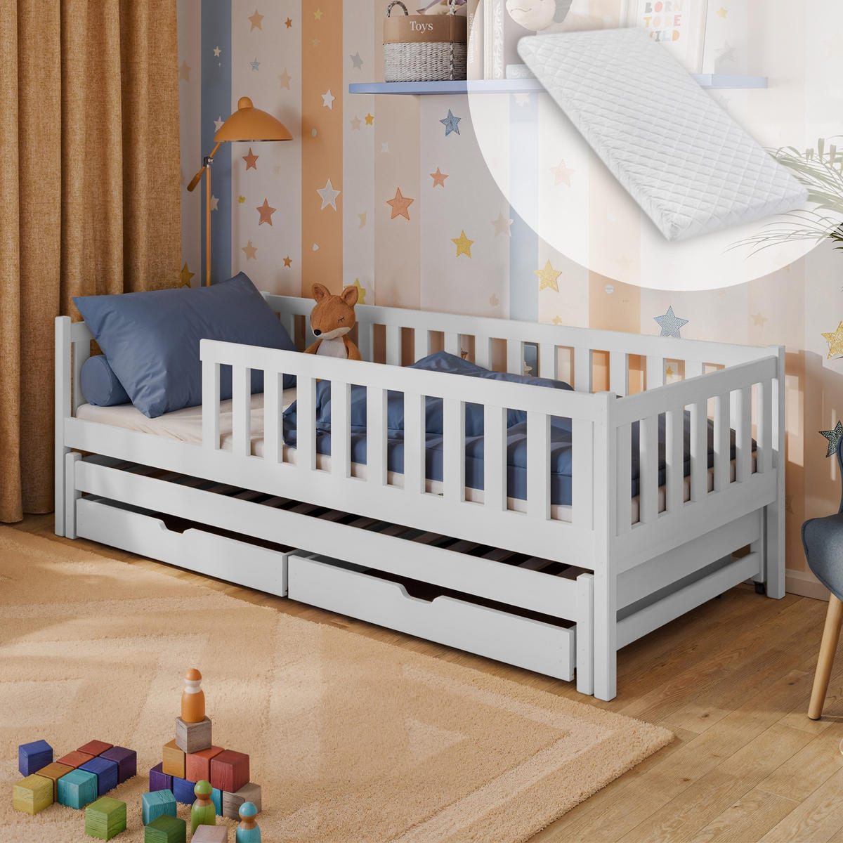 KINDERBETT mit Ausziehbett, zwei Schubladen und Matratze 90x200 in weiß - Weiß, Holz - Kids Collective