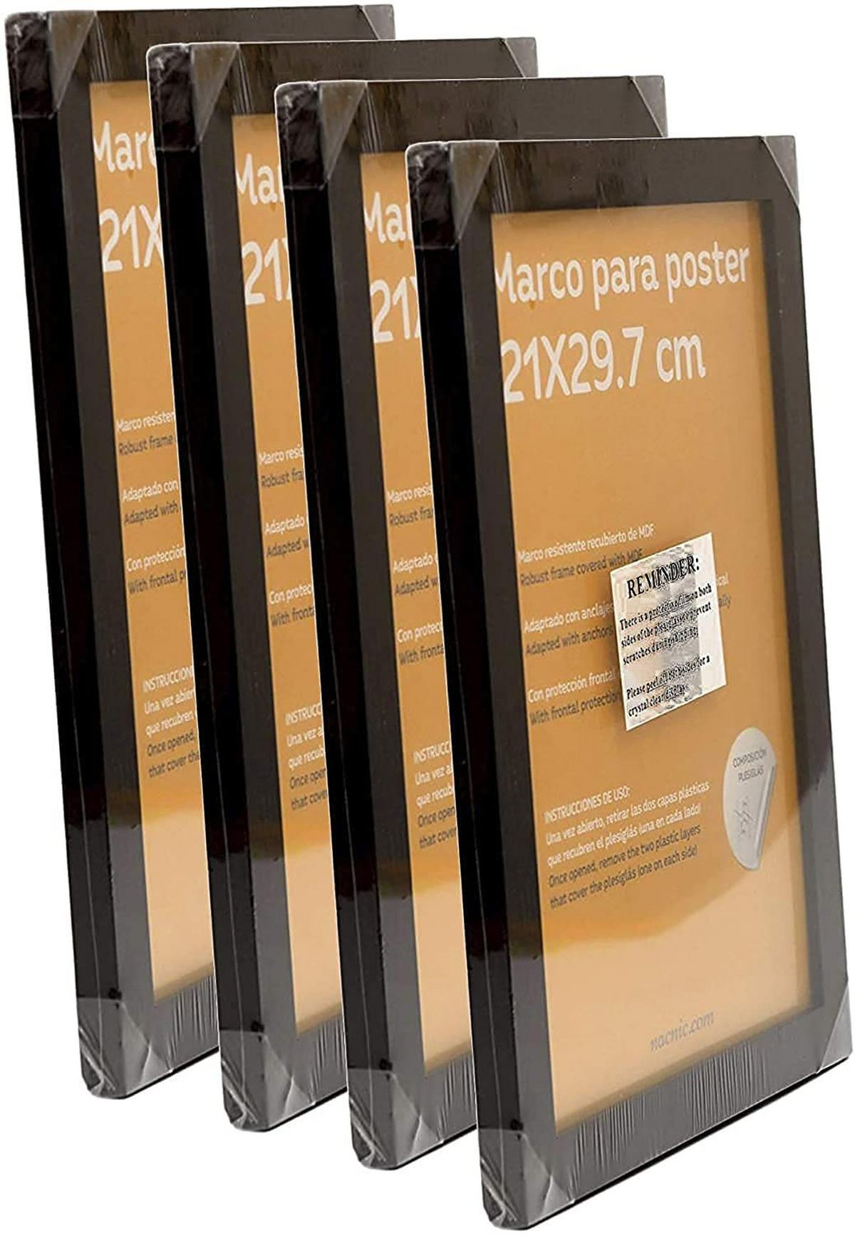 RAHMEN Set mit 4 aus MDF und Acrylglas Schutz und Aussteller für Fotografien, Bilder, Poster, Gemälde, Dekoration für Haus Farbe Schwarz A4 - Schwarz, Holz (21/3/29.7cm) - Nacnic