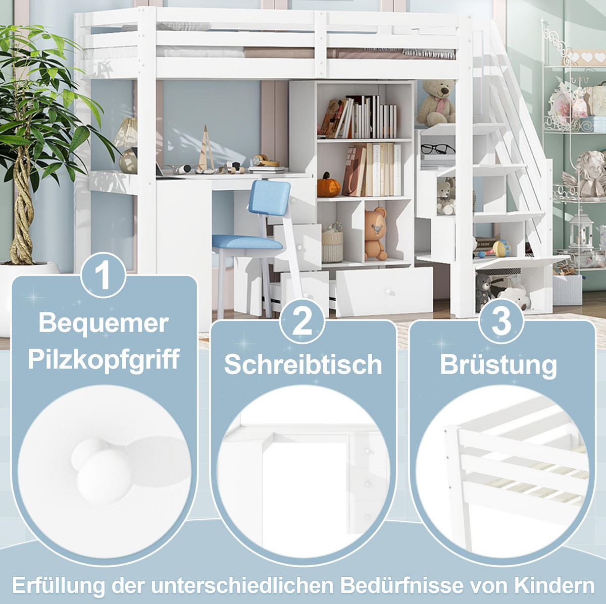 HOCHBETT 90/200 cm aus Kiefer und MDF mit Schreibtisch und Stauraumleiter Weiß - Weiß, Holz (90/200cm) - Modenvie