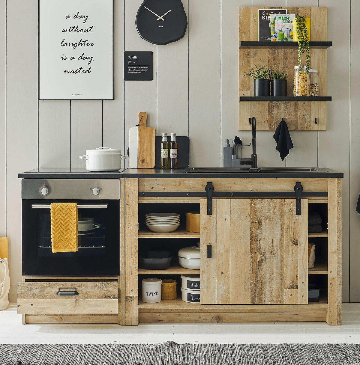 HERDUMBAUSCHRANK weiß Pinie, anthrazit Landhaus, Küche Unterschrank 60 cm - Anthrazit/Schwarz, Holzwerkstoff/Metall (64/93/64cm) - Furn.Design