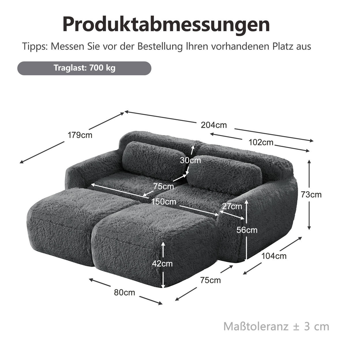 SCHLAFSOFA DE-34161 modular mit 2 Ottomans Grau - Grau, Textil (179/73/204cm) - ComfortXL
