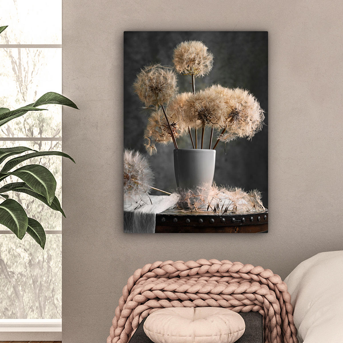 LEINWANDBILD Blumensamen - Löwenzahn - Vase - Stilleben - Blumenstrauß Wandbild Wohnzimmer 60x80 cm - Dunkelgrau, Textil (60/80cm) - MuchoWow