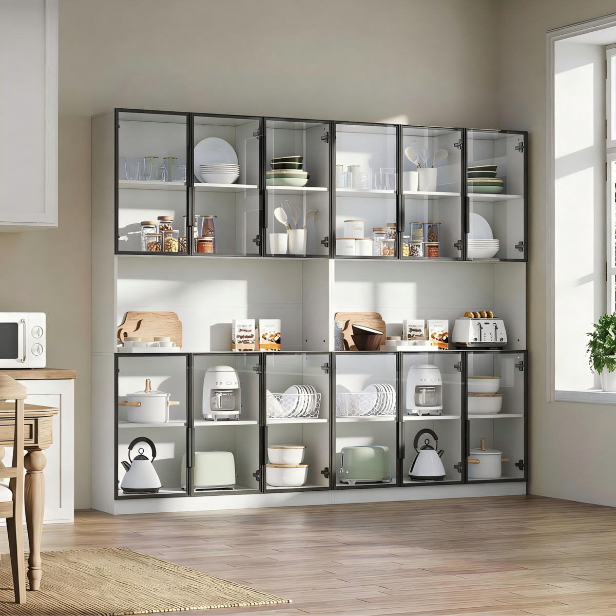 VITRINE 240/34/200 cm in Weiß mit 12 Glastüren und LED-Beleuchtung - Weiß, Holzwerkstoff (240/200/34cm) - Flora Grace