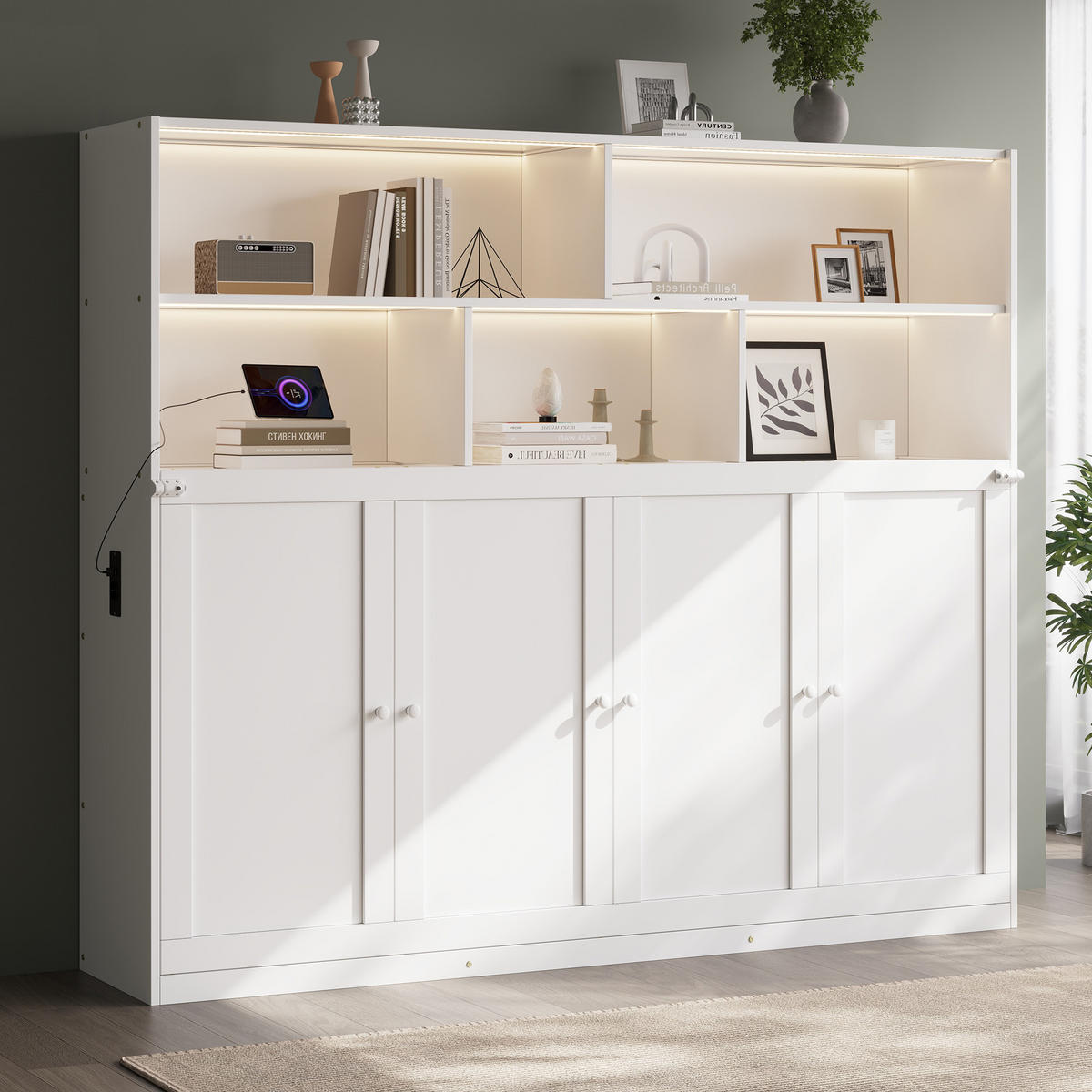 SCHRANKBETT 90/200 cm DE-32829 umwandelbar mit LED und USB Weiß - Weiß, Holzwerkstoff (90/200cm) - ComfortXL
