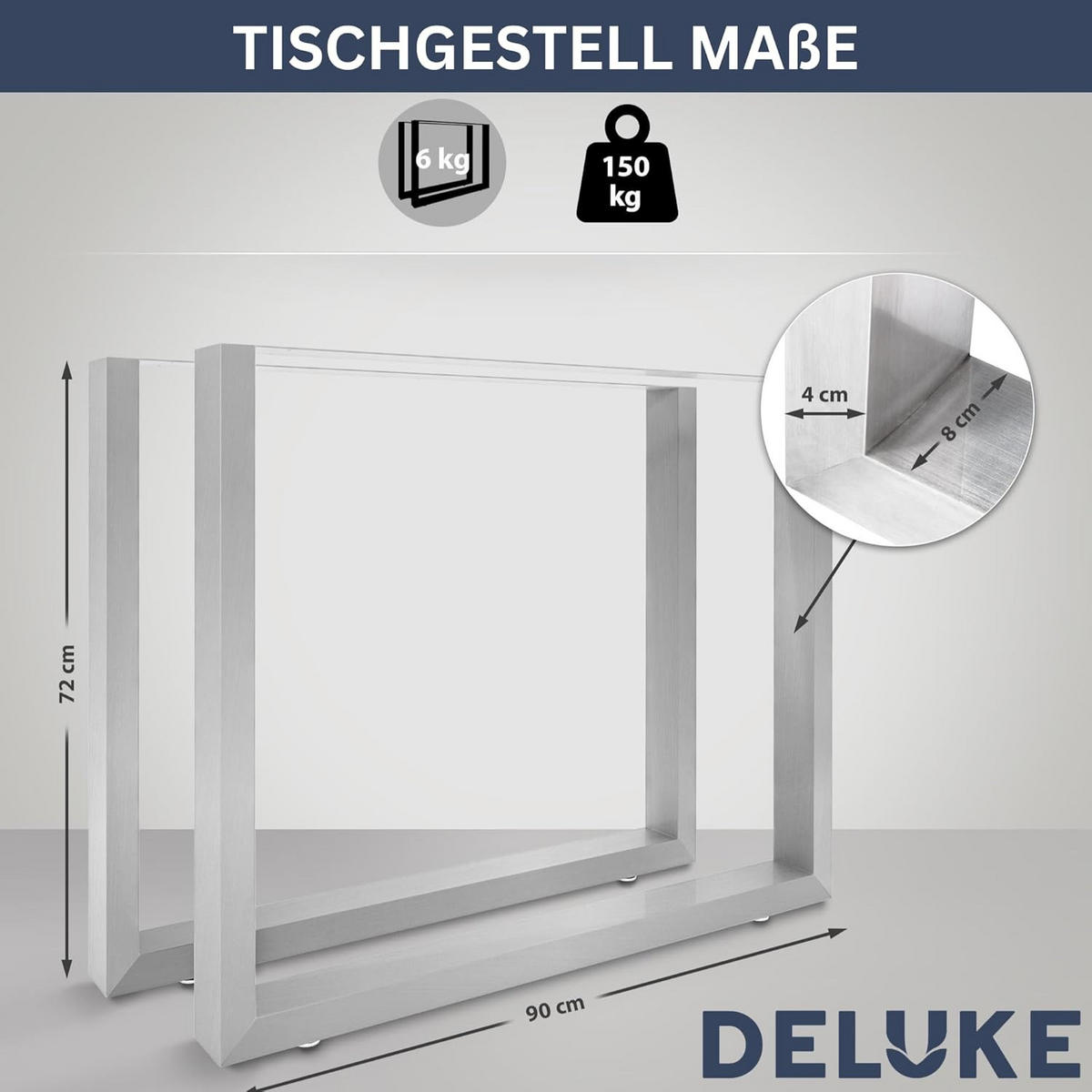 TISCHBEINE Metall CERMO Silber | 72x90cm HxB | 2er Set | inkl. Schrauben + Bodenschoner - Silberfarben, Metall (90/72/8cm) - DELUKE