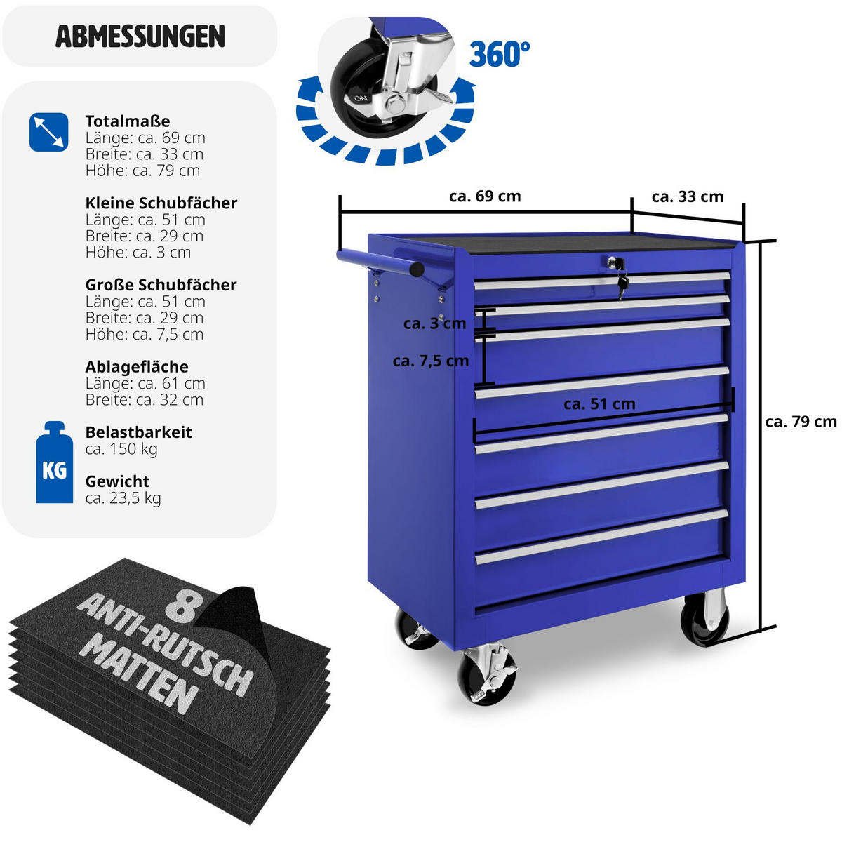 WERKZEUGWAGEN ,Rollen Ø 100 mm,blau - Blau, Metall (33/79/69cm) - tectake