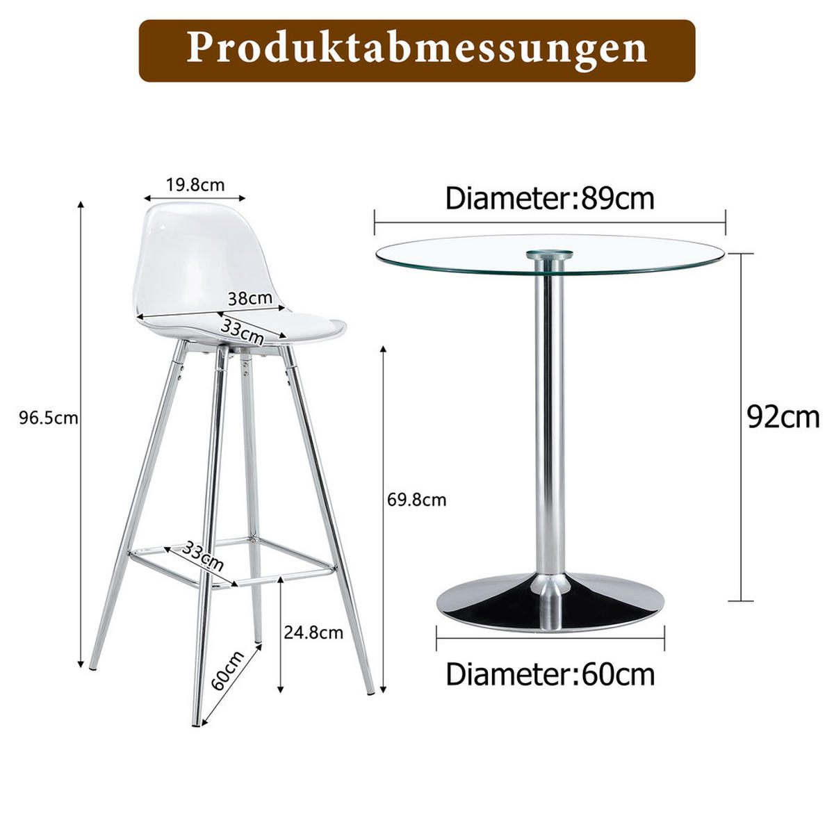 TISCHGRUPPE 3-tlg Runder Glastisch 89cm mit 2 Barhockern-Transparent und Flexibel - Transparent, Glas/Metall (41.5/33.5/72cm) - Raelunyi