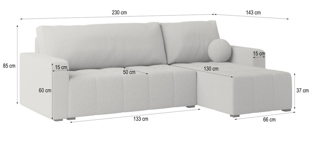 ECKSOFA VOLIRA Hellgrau Boucle-Stoff mit Schlaffunktion - Hellgrau, Holz (230/143cm) - MASSENO