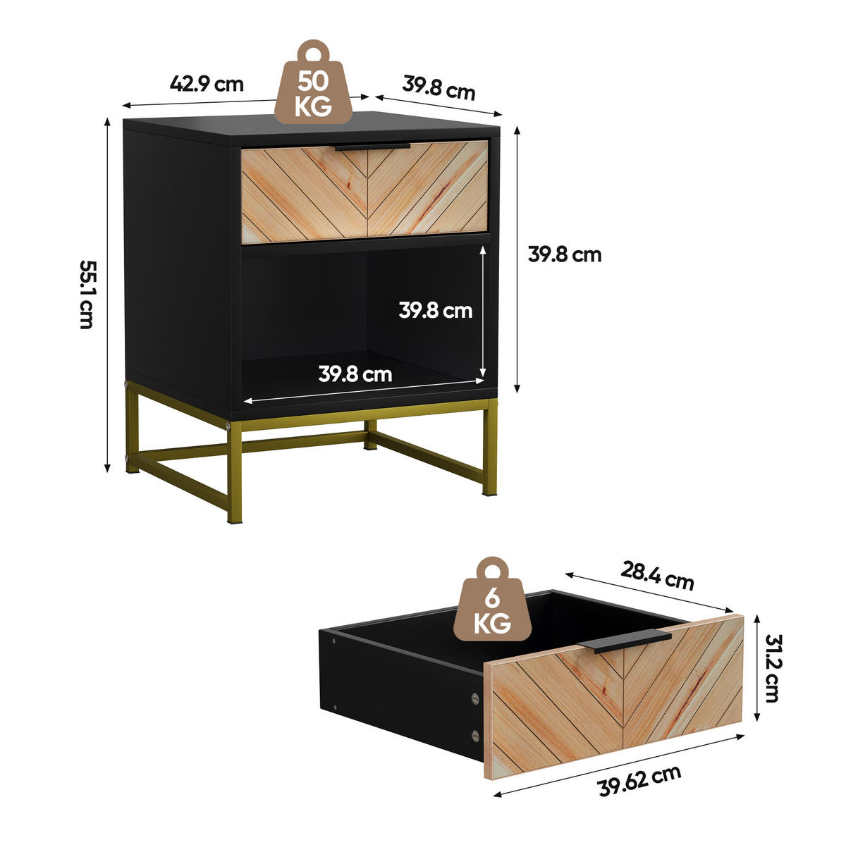 NACHTTISCH aus MDF mit Schublade & offenem Fach, 39,8/42,9/55,1 cm, Schwarz/Natur - Schwarz, Holzwerkstoff (39.8/55.1/42.9cm) - Redom