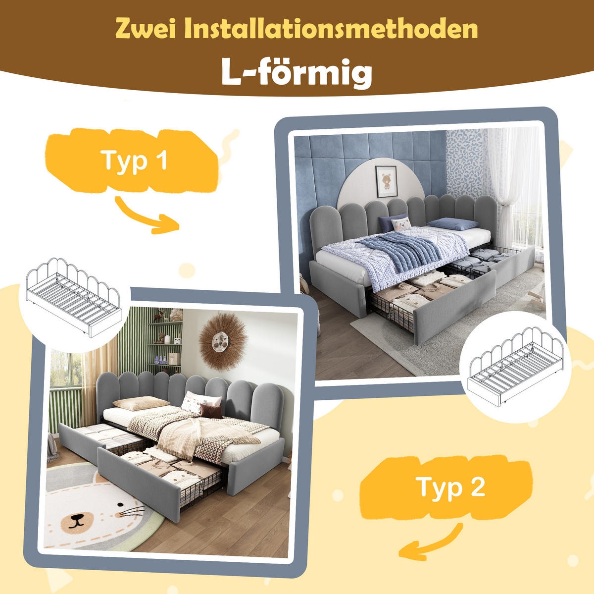 SAMT-POLSTERBETT 90/200 cm mit 2 Schubladen und gepolstertem Kopfteil - Grau, Textil (90/200cm) - BEAOK